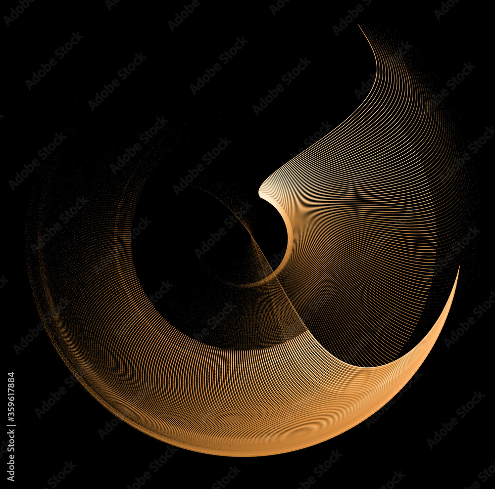 Poster two abstract blades curved by an arc. surfaces rotate on a black background. graphic design element.