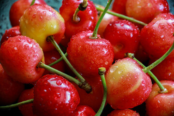 delicious juicy cherries in drops of water