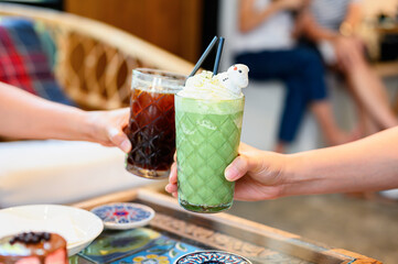 green tea frappe and blended. Sweety smoothie drink for relaxing and healthy on hot summer.