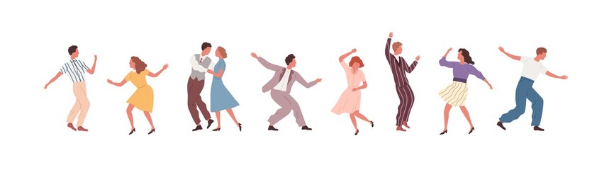 Fototapeta na wymiar Set of man, woman and pair performing Lindy hop or Swing vector flat illustration. Collection of different people dancing isolated on white. Joyful male and female demonstrate retro dance elements
