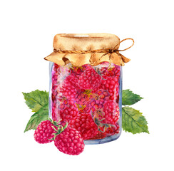 Raspberry jam with berries and leaves in glass jar. Watercolor for traditional therapy and health care