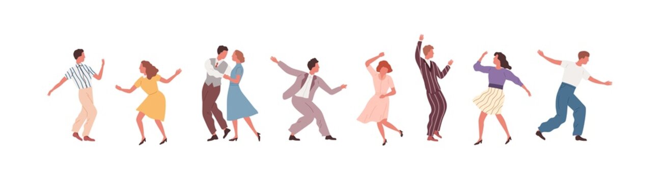 Set of man, woman and pair performing Lindy hop or Swing vector flat illustration. Collection of different people dancing isolated on white. Joyful male and female demonstrate retro dance elements