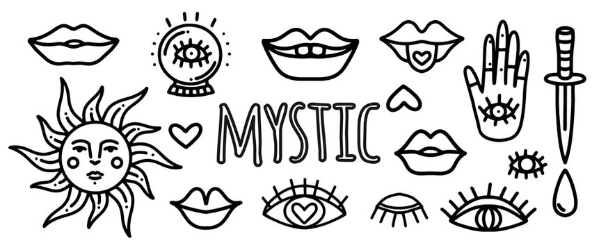 Vector set of doodle stickers for tattoos with mystical eyes, dagger, lips, hipster and ezeteric symbols. Tattoo and line art pictures with mystical objects eyes, lips, sun, palm with an eye