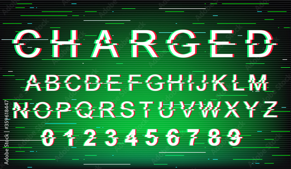 Poster charged glitch font template. retro futuristic style vector alphabet set on green background. capita