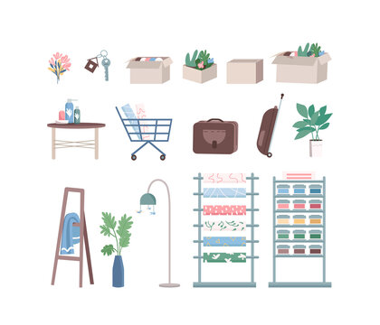 Home renovation and room decoration flat color vector objects set