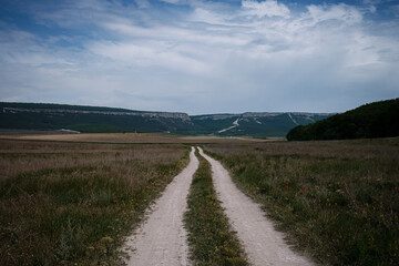 Dirt road among the spring field. Before the storm
