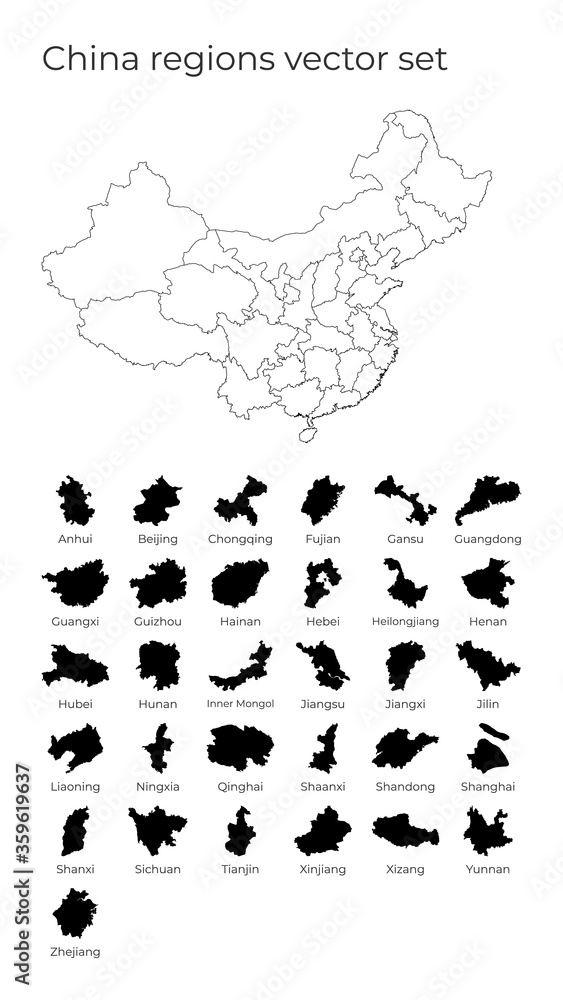 Poster china map with shapes of regions. blank vector map of the country with regions. borders of the count