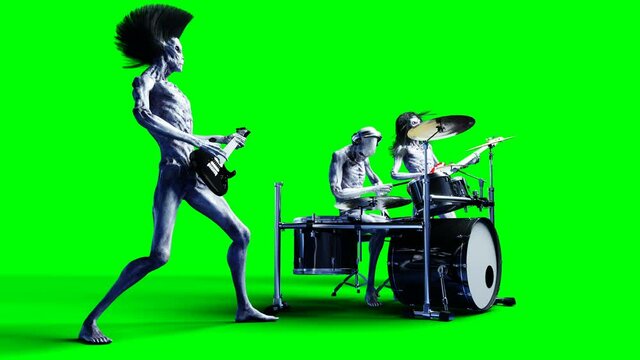 Funny alien rock band. Bass, drum, guitar. Realistic motion and skin shaders. 4K green screen footage.