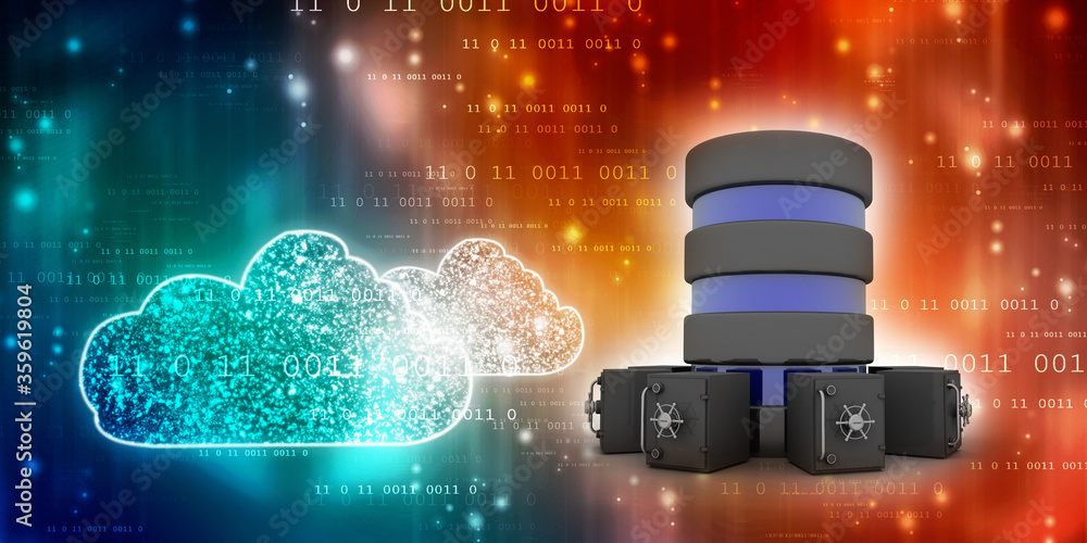 Poster 3d illustration database storage security concept. disk with lock