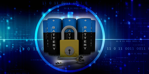 3d rendering Electrical energy and power supply source concept, accumulator battery protection lock
   