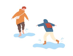 Funny kids running and jumping on puddle vector flat illustration. Boys in seasonal clothes having fun together isolated on white. Children in rubber boots walking on street enjoy water splash