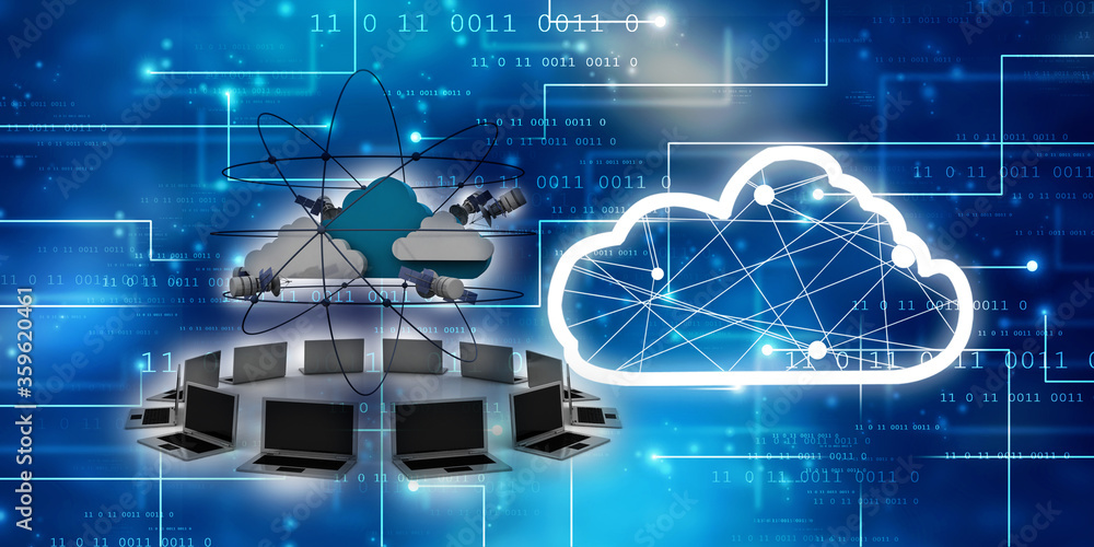Aufkleber 3d illustration space satellite orbit with cloud around computer network