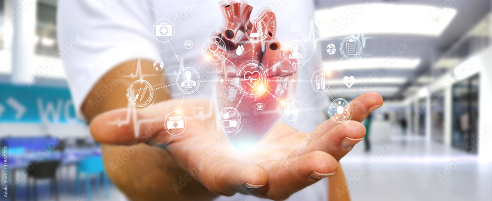 Poster Man using digital x-ray of human heart holographic scan projection 3D rendering