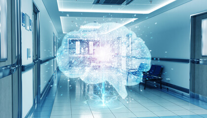 Hospital blue corridor with digital xray brain floating in dots connections 3D rendering