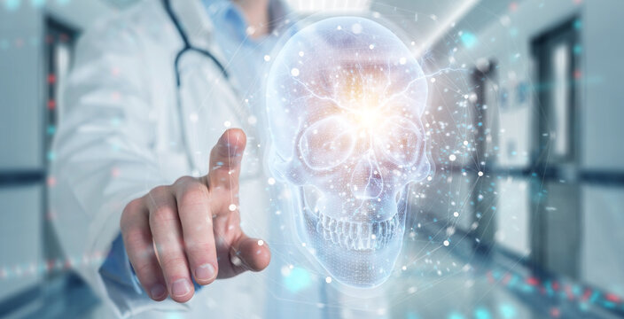 Radiologist using digital x-ray skull holographic scan projection 3D rendering