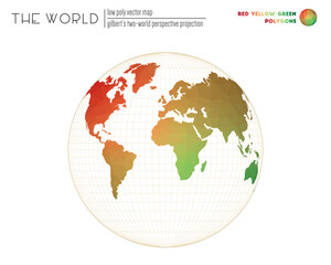 Abstract geometric world map. Gilbert's two-world perspective projection of the world. Red, Yellow, and Green colored polygons. Amazing vector illustration.