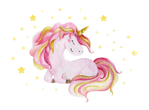 Isolated cute watercolor unicorn and stars clipart. Nursery unicorns illustration. Princess unicorns poster. Trendy pink cartoon horse.