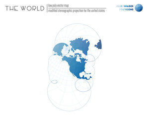 World map in polygonal style. Modified stereographic projection for the United States of the world. Blue shades colored polygons. Modern vector illustration.