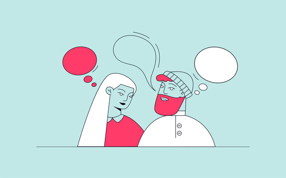 Happy young people talking with colorful chat bubbles. Diverse male and female people in flat cartoon style isolated chatting for communication concept or community meeting. Illustration for web.