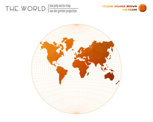 Abstract world map. Van der Grinten projection of the world. Yellow Orange Brown colored polygons. Beautiful vector illustration.
