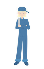 Female car mechanic in cap and uniform holding spanner. Labour Day. Vector, flat