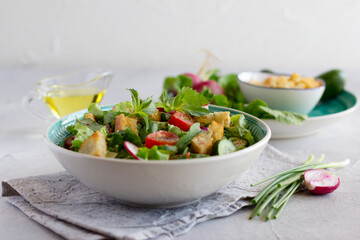Fattoush salad, Middle Eastern cuisine. Lettuce, herbs, tomato, cucumber, radish and pieces of toasted pita bread