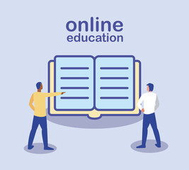 online education, people standing, books on background