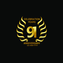 91 year minimalist logo years, jubilee, greeting card. Birthday invitation. Sign wings Line Gold space vector illustration on black background - Vector