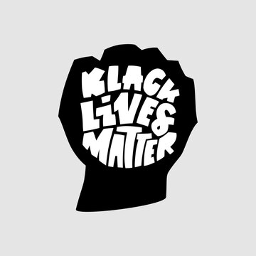 Black lives mattern hand lettering banner in fist black silhouette for protest human right of black people in U.S.A. Vector calligraphy illustration on grey background