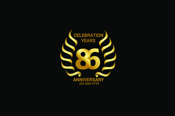 86 year minimalist logo years, jubilee, greeting card. Birthday invitation. Sign wings Line Gold space vector illustration on black background - Vector