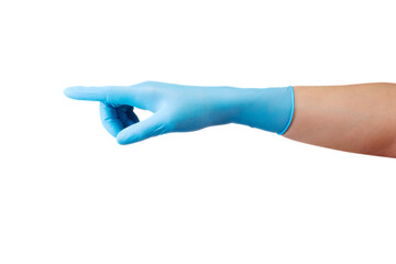 Doctor's hand in medical gloves pointing by finger on side isolated on white
