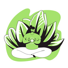 Vector cartoon flat illustration with meditating girl holding sun in her heart. Positive mood, meditation, stress release at home. Meditation