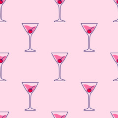 Seamless pattern with Alcoholic cocktail with cherry. Vector illustration