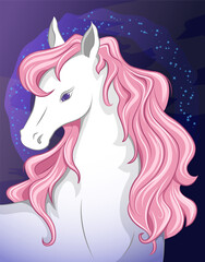 Fototapeta na wymiar Cute white horse with a beautiful pink mane. Horse's head on the background of the night starry sky. Vector illustration. Cartoon style.