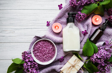 Spa setting with lilac flowers