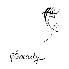 the face of a beautiful girl. vector illustration with contour lines on a white background. image for beauty salons. Spa. silhouette of a woman's head. look down.