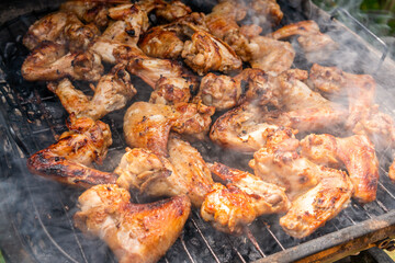 A lot of tasty, delicious, savoury meet (chicken wings) with pleasant odor and meat haze on the grill in the village