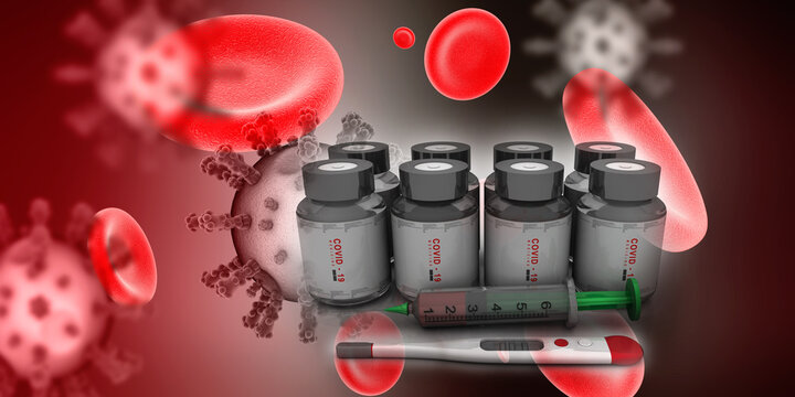 3D illustration covid 19 blood testing sample bottle with injection syringe