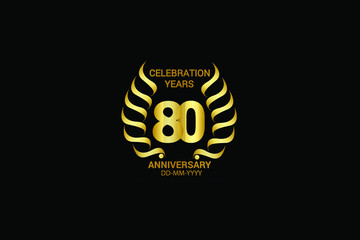 80 year minimalist logo years, jubilee, greeting card. Birthday invitation. Sign wings Line Gold space vector illustration on black background - Vector