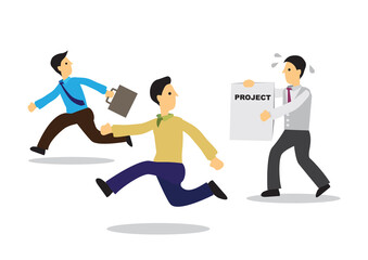 Colleagues run away from businessman asking for help.