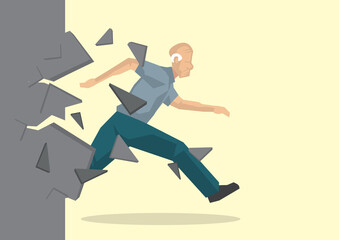 Illustration of a old man breaking through the wall. Breakthrough challenge concept
