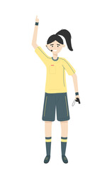 Female referee wearing yellow uniform and holding a whistle. Labour Day, isolated
