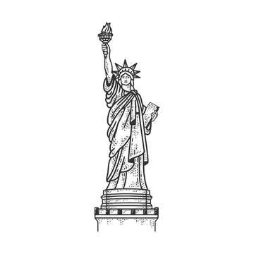Statue of Liberty in New York sketch engraving vector illustration. T-shirt apparel print design. Scratch board imitation. Black and white hand drawn image.