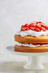 Whole summer berry cake. Vegan Strawberry Cake with Coconut Cream. Plant based dessert concept.