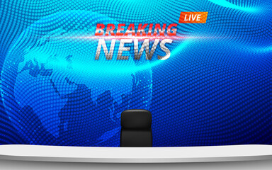 white table and chairs with breaking news live on lcd background in the news studio room