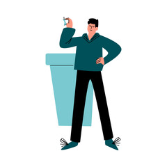 Happy smiling man in black pants sorting the garbage in the trash bin. Vector illustration in cartoon style.