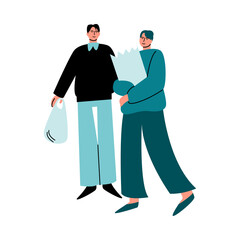 A couple of men in casual clothes standing with purchases in eco-bags of healthy food. Vector illustration in cartoon style.