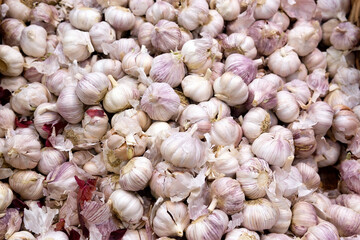 garlic at the supermarket kiosk. Fresh garlic on display in the grocery store. garlic in market.