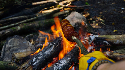 Cooking banger (sujuk) on campfire in forest, Camping in nature