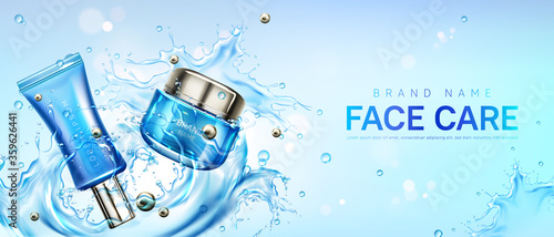 Download Cosmetics Face Cream Jar And Tube On Water Splash Background Mockup Banner Beauty Product Pearl Blue Packages On Aqua Surface Natural Moisturizing Cosmetic Skin Care Realistic 3d Vector Promo Ad Wall Mural Klyaksun